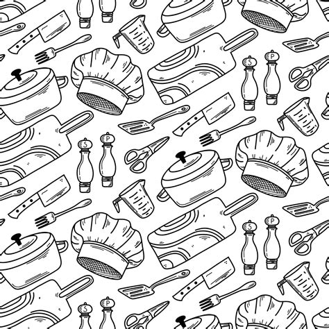 Cooking And Kitchen Tools Seamless Pattern In Doodle Style Vector