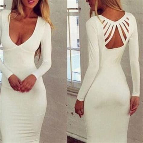 on sale pure color long sleeve v neck sexy backless low cut dress on luulla