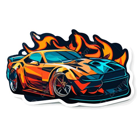 Vinyl Sticker With An Orange Hot Wheels Car With Flames Clipart Vector