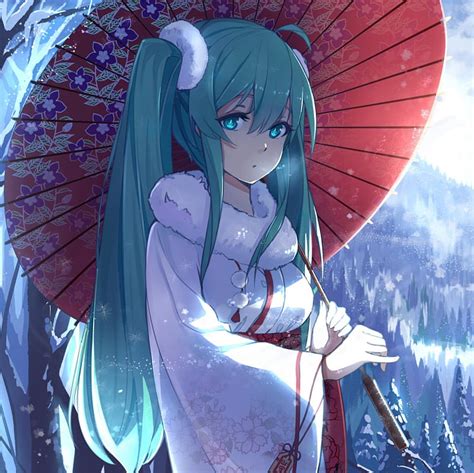 Hatsune Miku Vocaloid Hatsune Snow Miku Umbrella Kimono Hd