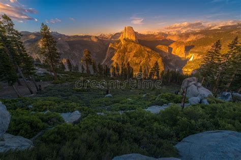 National Park Yosemite Half Dome Lit By Sunset Light Glacier Poi Stock