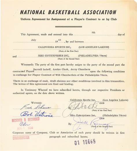 Lot Detail 1968 Wilt Chamberlain Nba Trade Agreement Contract With