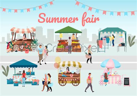 Summer Fair Flat Vector Illustration Outdoor Street Market Stalls