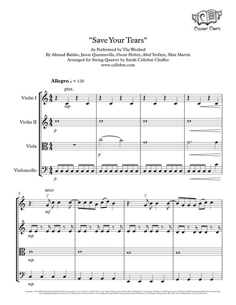 Save Your Tears Arr Sarah Cellobat Chaffee Sheet Music The Weeknd String Quartet