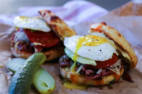 It can also be eaten cold, as it is cooked in production. Montréal Reuben Breakfast Bagel | Emi Cooks