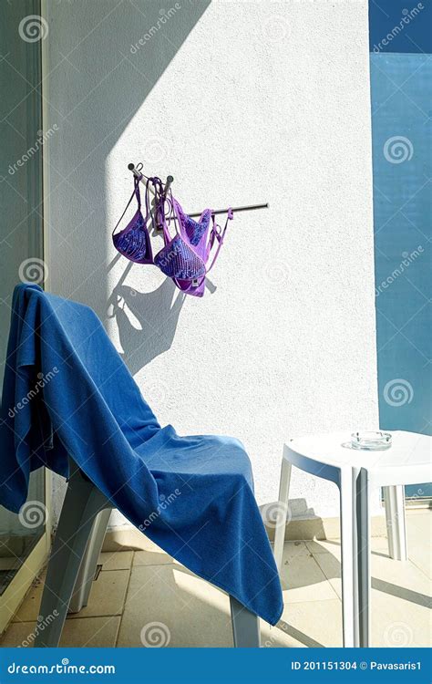 Drying Women S Bathing Suit And Towels On The Hotel Balcony Stock Photo Image Of Glamour