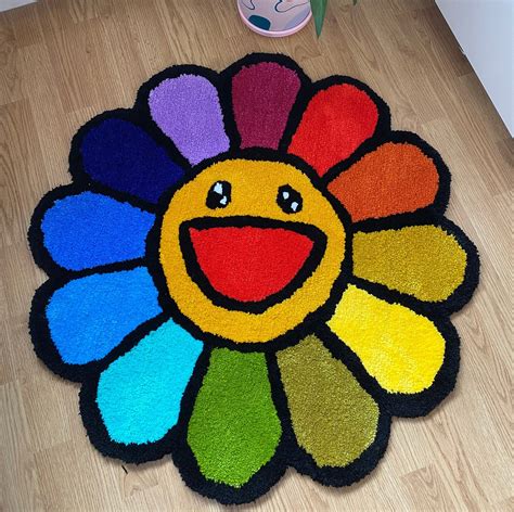 Takashi Murakami Inspired Smiley Flower Tufted Rug Etsy