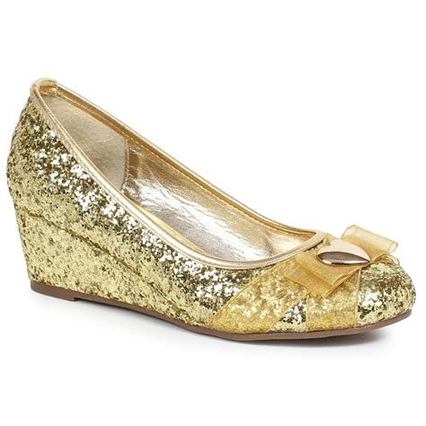 Womens Gold Glitter Princess Shoe With Heart Decor