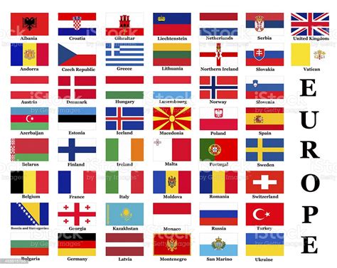 Flags of some european countries that aren't inspired from the medieval designs usually comprise of a three striped designs with different colors. Poster Of All The Flags Of The Nations Of Europe Stock ...