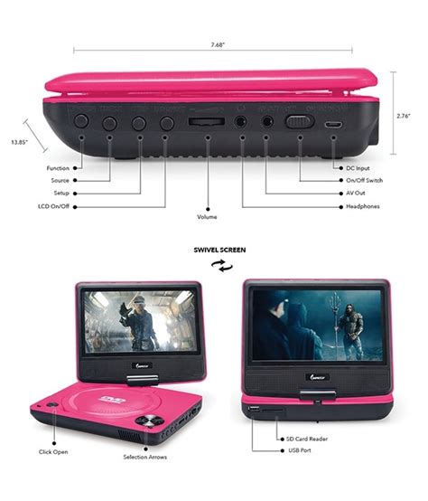 Dvp 772 7in 270° Swivel Screen Portable Dvd Player Pink