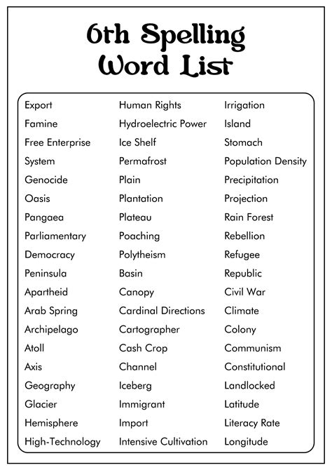 6th Grade Word List Vocabulary