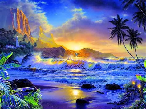 Hawaiian Sunset Rocks Art Mountains Waterfall Waves Palms Sea