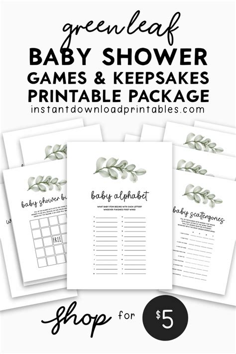 18 Baby Shower Games And Keepsakes Printable Package Green Leaf