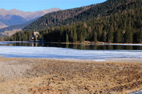 Lake Dobbiaco Frozen Stock Photo Image Of Fell Mountains 64196166