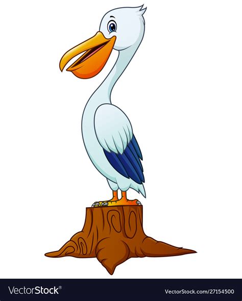 A Pelican Bird Cartoon Standing On Tree Stump Vector Image