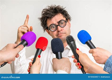 Reporters Making Interview With Funny Scientist Stock Image Image Of