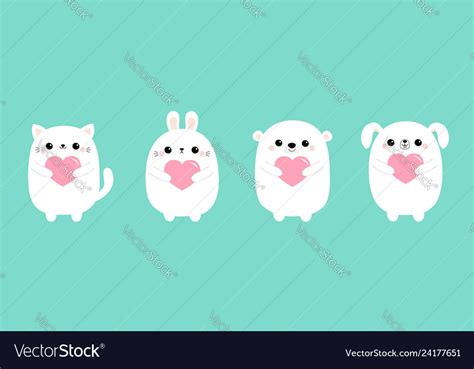 Happy Valentines Day White Cat Kitten Bear Dog Vector Image