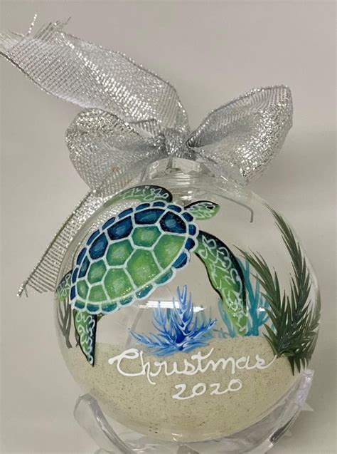 Hand Painted Christmas Ornament Green Sea Turtle Mar Indigo Etsy