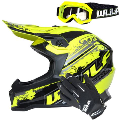 Wulfsport Kids Motocross Helmet Cub Pro Wulf Gloves Goggles Yellow Mx