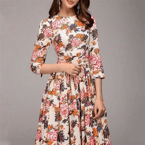Women Dress Polyester Chiffon Floral Print Thin Vintage Casual Work Office A Line Knee Length