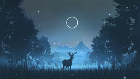 Digital Art Forest Sky Deer Moonlight Animals Eclipse Moon