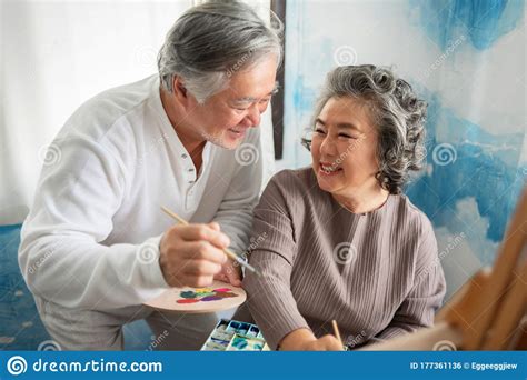 Happy Smiling Asian Elderly Couple Oil Painting On Canvas At House