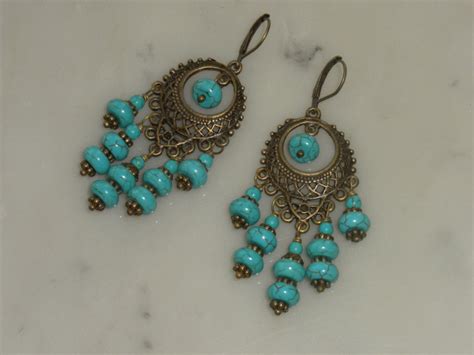 Sale Blue Turquoise Chandelier Earrings Vintage Gypsy Style