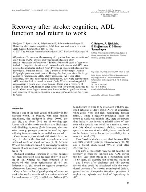 Pdf Recovery After Stroke Cognition Adl Function And Return To Work