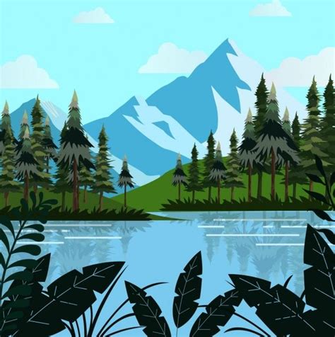 Natural Landscape Drawing Mountain Lake Trees Decoration Mountain
