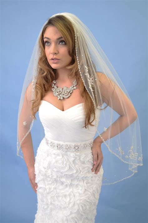 New Elena Designs Wedding Veil Style E1118s Fingertip Beaded Veil