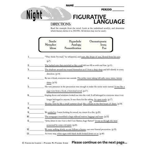 Night Figurative Language Worksheet Answer Key
