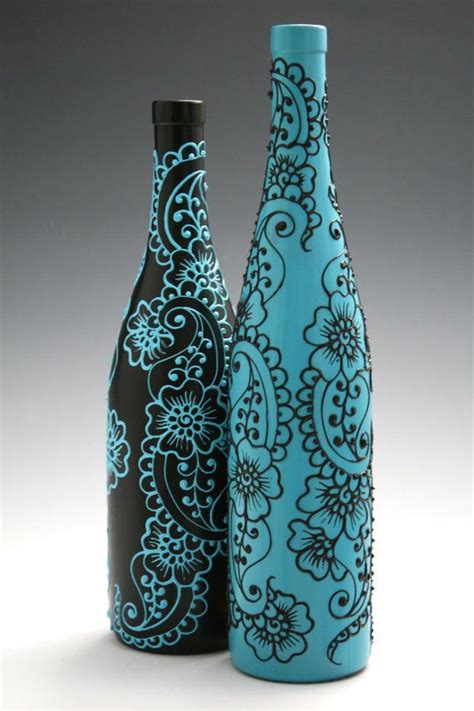Set Of 2 Hand Painted Wine Bottle Vases Turquoise And Black Floral