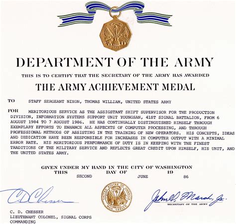 Army Achievement Medal With Certificate Of Achievement