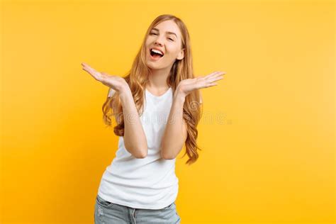 Happy Young Woman Posing On Yellow Background Stock Image Image Of