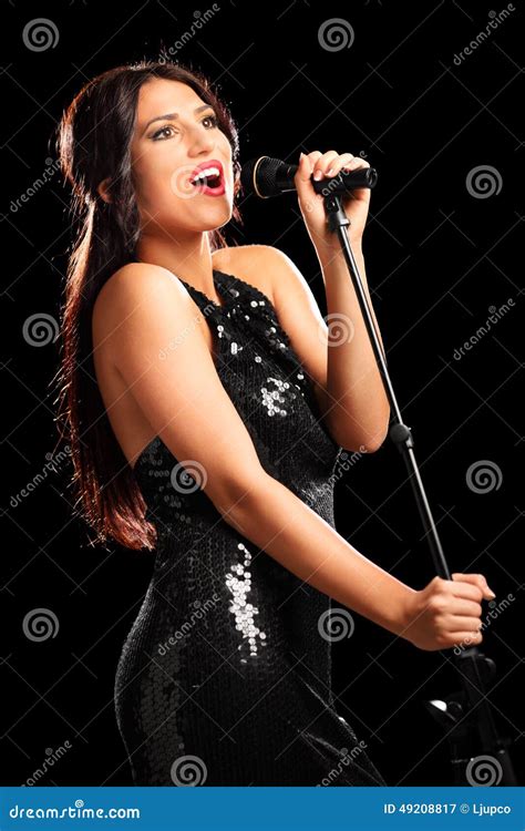 Beautiful Female Singer Singing On A Microphone Stock Image Image Of