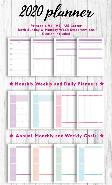 2020 Daily Planner Printable In 5 Colors Printable Daily Planner A4