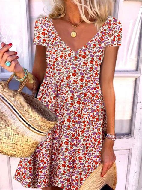 Zolucky Sundress Floral Dresses A Line V Neck Casual Dresses In 2022