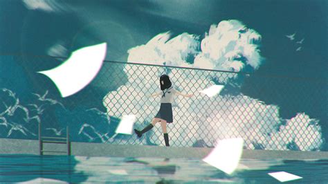 Girl Walk Anime Clouds Water 4k Hd Wallpaper