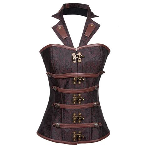 Brown Halter Collar Gothic Corselet Corset Overbust Steel Boned Corsets And Bustiers Steampunk