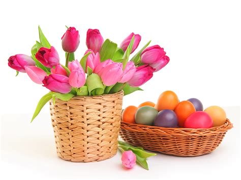 Image Easter Egg Tulips Flowers Wicker Basket Holidays