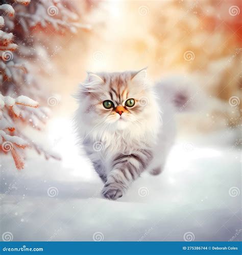 Cute Persian Kitten In A Snowy Winter Landscape With Falling Snow And