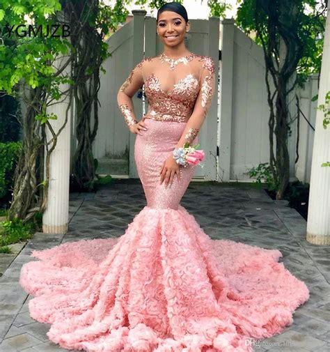 Sparkly Sexy Pink Prom Dress 2019 Mermaid Long Sleeves Black Girl Sequin Lace 3d Flower African