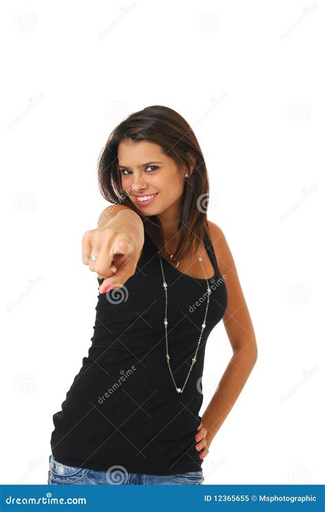 Woman Pointing Her Finger Stock Image Image Of Smiling 12365655