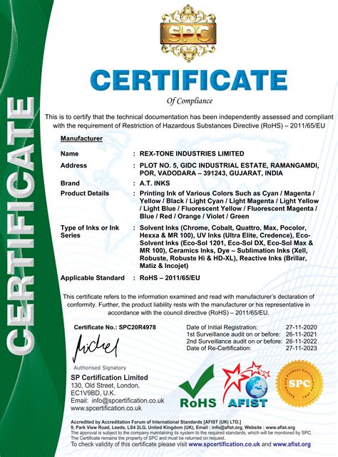 RoHS Certificate - A.T. Inks - Atinks