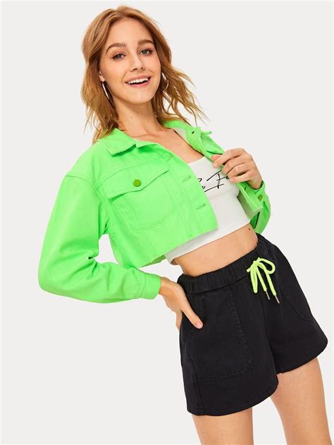 Neon Green Flap Pocket Crop Denim Jacket Cropped Denim Cropped Denim