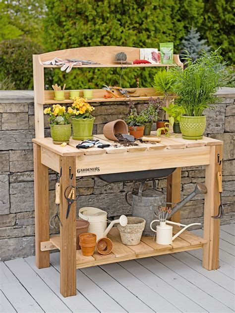 Potting Bench Cedar Potting Table With Soil Sink Hidden And Shelves