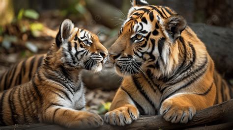Tiger Mother And Baby Tiger Together On Wood Plank Background Amur