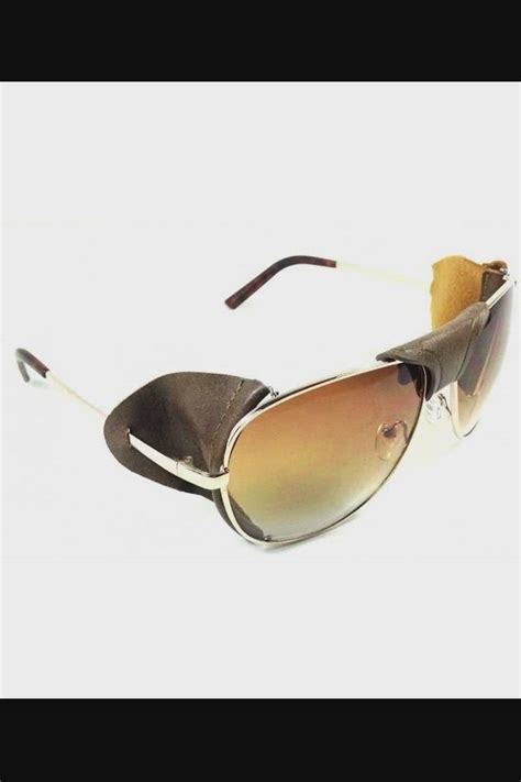 Retro Aviator Sunglasses Wfaux Leather Bridge And Side Shields Gold Frame Brown Leather