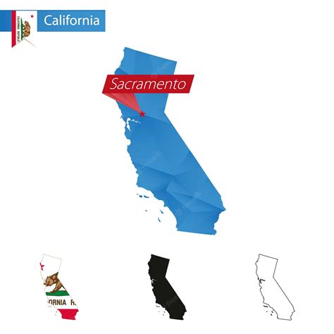 mapa low poly azul del estado de california con capital sacramento vector premium