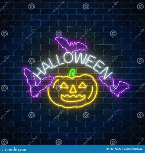 Glowing Neon Sign Of Halloween Banner Design With Pumpkin And Bats